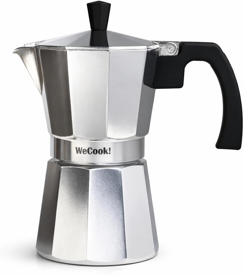 WECOOK! Paola – Italian Moka Pot Espresso Maker Aluminum 3 Cups | Suitable for Gas, Electric & Ceramic Hobs (Not Induction) | Safety Valve | Silicone Gasket | Silver
