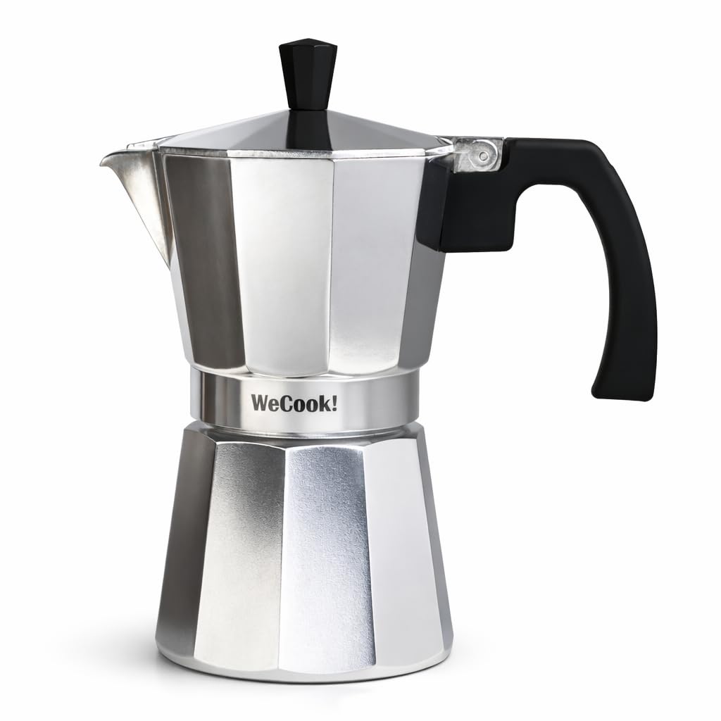 WECOOK! Paola Silver Aluminium Stovetop Espresso Maker, Italian Moka Coffee Pot, 9 Cups (450 ml), Silicone Gasket & Safety Valve, Suitable for Gas, Electric & Ceramic Hobs – Not Induction Compatible
