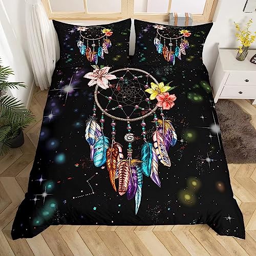 Wajade Traumfänger Bettwäsche Set,Mädchenbettwäsche,3D Druck Traumfänger Bettbezug,Blumen & Federn Bohemian Style Bettwäsche 135x200 mit 1 Kissenbezug 80X80cm