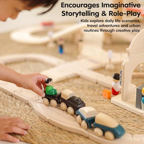 Image of PlanToys Wooden City Transit Rail & Road Playset Montessori Kids Building | wooden train, toy cars, tracks, girls, boys, transport systems, imaginative problem solving gift preschool learning cute