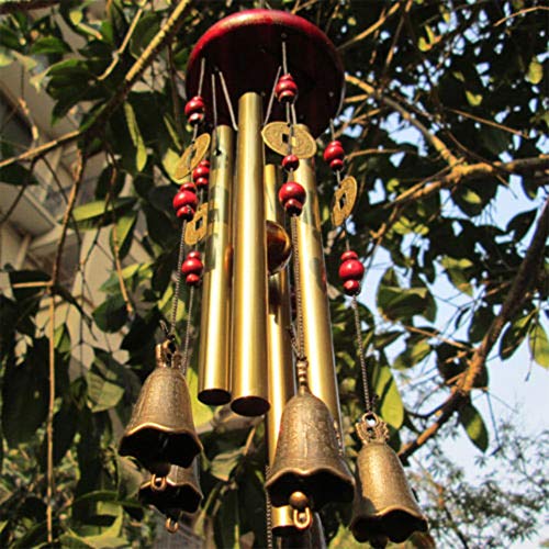 Carillón de viento, le deseamos prosperidad: Chinese Traditional Amazing 4 Tubos 5 Campanas y base de madera Windchime de bronce para patio al aire libre, jardín y decoración del hogar