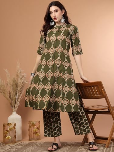 Image of rytras Women Pure Cotton Printed A-Line Kurta Sets with Palazzos|Kurti Set for Woman|Cord Set for Women Cotton
