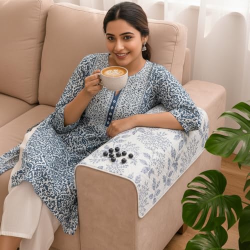 Image of STITCHNEST 'Frostvine Collection' Sofa Armrest Cover | Cotton Quilted Fabric, Washable & Durable for Modern Living (18 x 22 Inches)