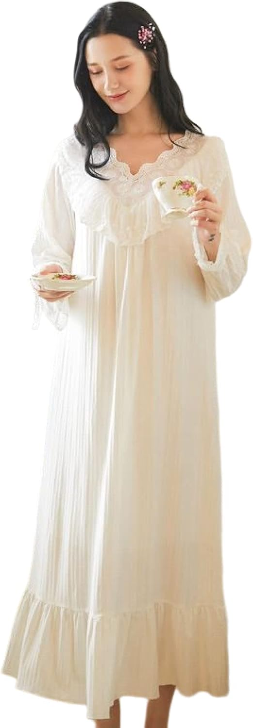 OFFSUM Women's Long Sleeve Nightgown - Spring Elegant V Neck Nightdress Retro Sweet Princess Nightgown Casual Plus Size La