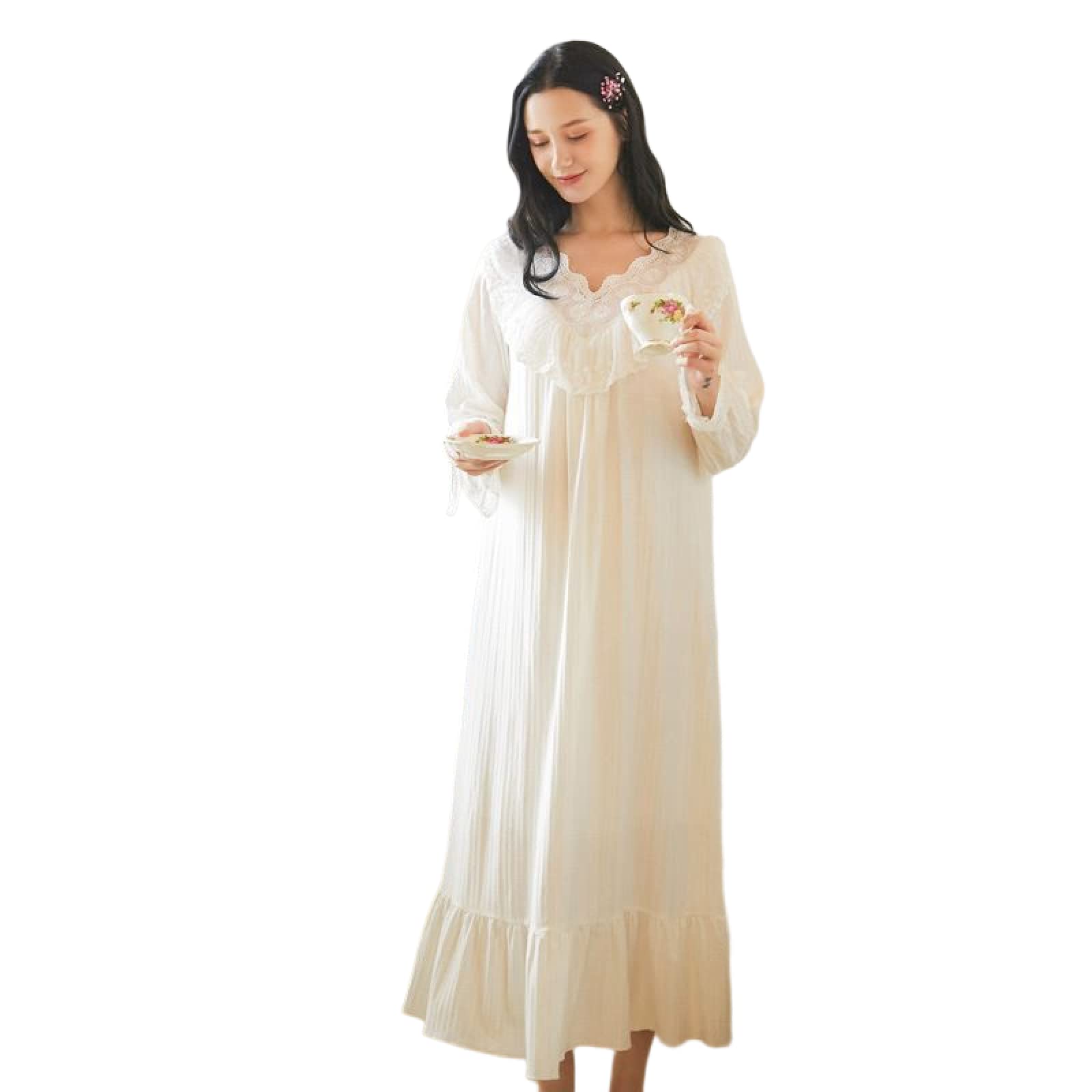 OFFSUM Camicia da Notte Donna - Primavera Elegante Camicia da Notte con Scollo A V Retro Dolce Principessa Camicia da Notte Casual Plus Size Pizzo Pigiameria in Cotone Lingerie Vestito