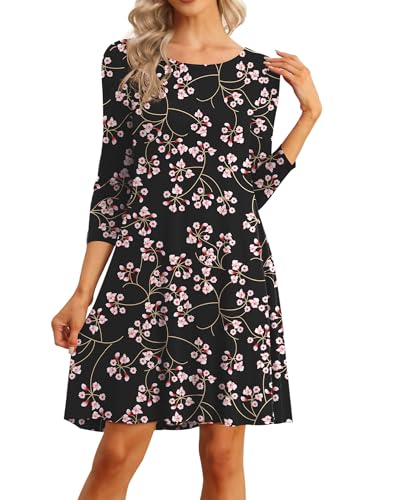 Image of VIISHOW Womens Round Neck 3 /4 Sleeves A-line Casual Tshirt Dress with Pocket
