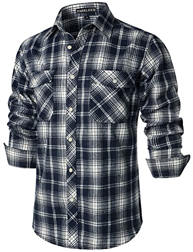 PARKLEES Chemise décontractée à carreaux en flanelle boutonnée avec poches pour homme, coupe...