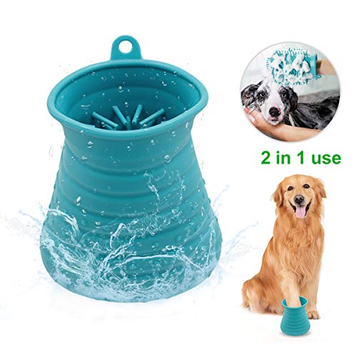 SPAZEL  Portable Dog Paw Cleaner, Dog Feet Cleaning Brush 2-in-1 Silicone Pet Feet Cleaner Washer Massage Grooming for Dogs Dirty Paws and Body (M, Blue)