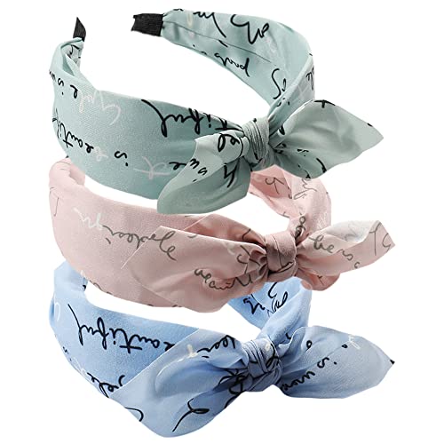 Wide Bow Headband for Women Fabric Hair Band Elastic Head Wrap Cute Knot Hair Accessories for Women and Girls (3WBLetterBlue) - Image 2