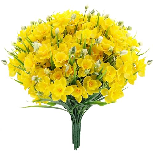 saerryor 12 Pack Artificial Daffodils Fake Narcissus Flowers UV Resistant Indoor Outdoor Home Decor Realistic Yellow Bouquet for Wedding Centerpiece