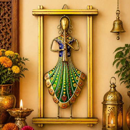 Image of iHandikart Handmade Metal Wall Art with Flute Player Design | Traditional Indian Musician Wall Hanging Decor | Hand-Painted Iron Wall Sculpture for Living Room & Bedroom Decoration | 13 x 7 Inch