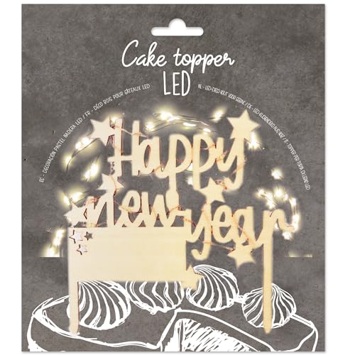 ScrapCooking – Cake Topper LED 'Happy New Year' – beleuchtete Dekoration aus Holz – Dekoration für Kuchen, Weihnachtskuchen, Cake & Dessert – Deko für Neujahr, Frohes Jahr, Heiligabend – 4985
