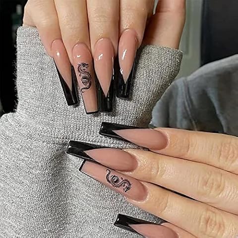 RUNRAYAY Black French Press on False Nails, Extra Long Fake Nail with Dragon Pattern, Nude Coffin Acrylic Full Cover Nails Tips for Women & Girls 24Pcs Cover