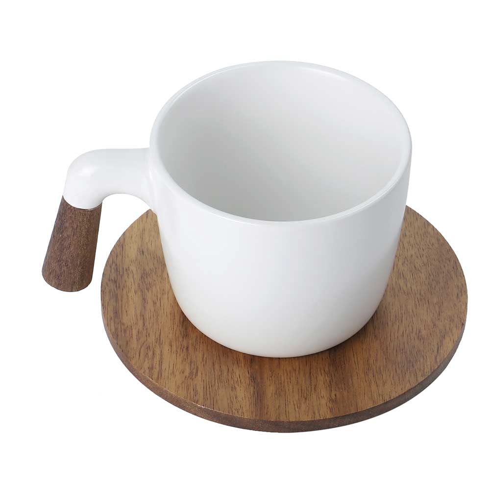 YataiCoffee Cup, Ceramic Tea Cup with Acacia Wood Saucer, Durable Creative Cute Fat Handle Cup, Dishwasher and Microwave Safe Tea Set, Multipurpose Cappuccino Cup, Espresso Cup, Gifts for Women & Man