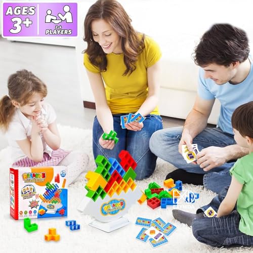 Image of Tower Balance Blocks Game - 16 Pcs Wooden Stacking Toy with 22 Challenge Cards, Family Board Games for Kids & Adults-Balancing Stacking Toys, Construction Building Blocks Set