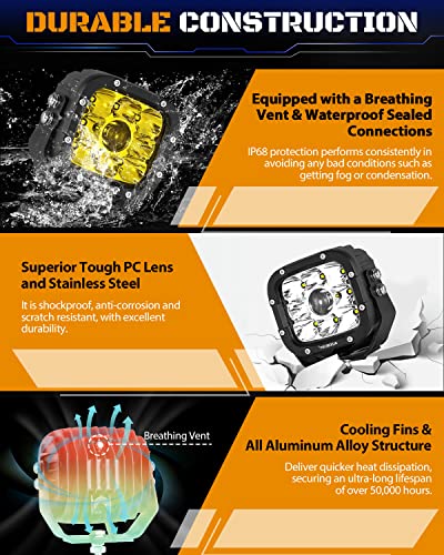 5 Inch Led Driving Lights W/Amber Covers, Auxbeam 55W Super Spot Lights Offroad Led Pods Cube Light Bar Amber Fog Lights Yellow Square Lights For Truck Jeep Polaris Gmc Ford Bumper #TOP3