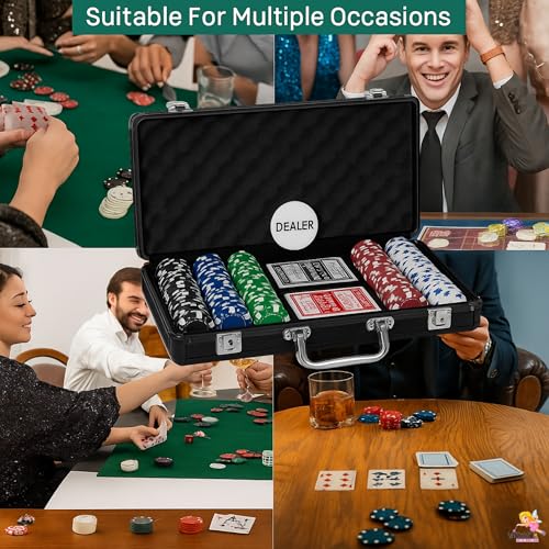 Image of WISHKEY Black Casino Style Poker Set, 300 Pcs Ceramic Printed Denomination Chips with Lockable Aluminum Finish Case 2 Decks of Cards 5 Dice 1 Dealer Button 2 Keys Classic Multiplayer Game, 14+ Years