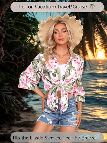 ZXZY Women's Hawaiian Shirts Long Sleeve Tropical Tops Button Down Dressy Casual Blouses4