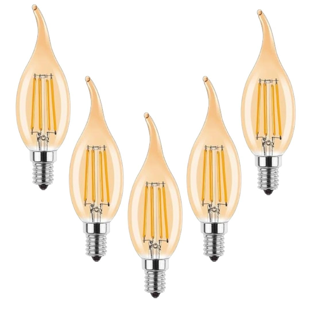 Pack 5| LED E14 Candle Light Bulb, 4W (40W Equivalent) Dimmable 2700K Warm White 450 Lumens Amber Glass Flame Tip Vintage Style Energy Saving Small Screw Bulb for Candle Chandelier & Home Decoration