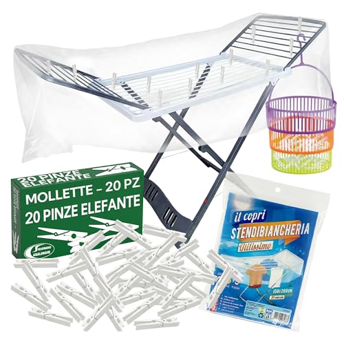 Sicignano - Tendedero plegable antideslizante con ruedas Aladino, 20 metros de tendición, 100% resina, con gancho de seguridad, fabricado en Italia (tendedero + pinzas + funda de tendedero + soporte
