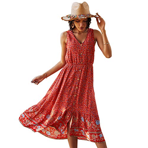 OrientalPort Boho Robes Femme Sexy Col en V Sans Manches Midi Robes D'été Longue Robe de Plage Élastique Taille Haute Swing Robe Florale Robe de Soirée avec Fente, rouge, XL Cover
