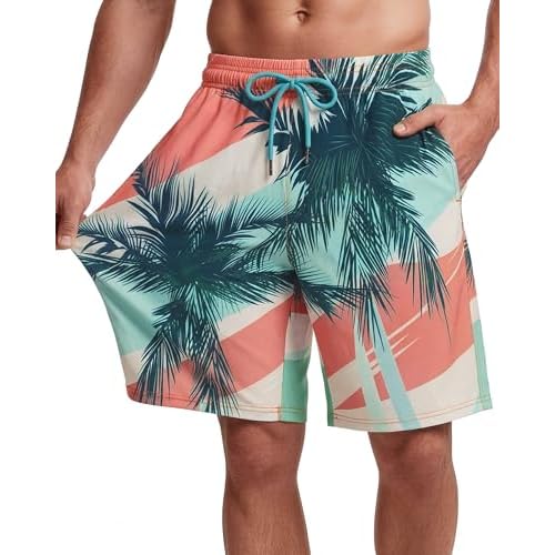 Men Swim Trunks 9 Inch with Mesh Lining Breathable Quick Dry Drawstring Pockets for Summer Beach Pool Board Small Coral Tree