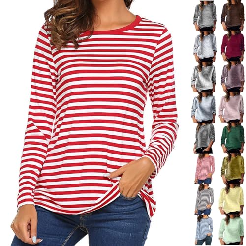 Image of Women's T-Shirt Long Sleeves Ladies Jersey Top UK Autumn Winter Tops Crewneck Striped Color Block 3/4 Sleeve Navy Brown Blouse Casual Loose Knitted Pullover Jumpers Tee Shirts