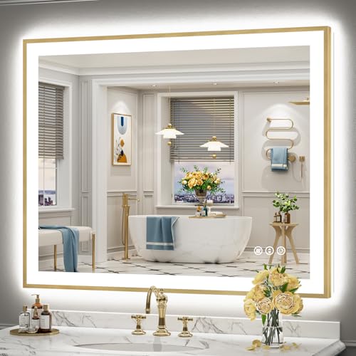 Image of 48x38 Gold LED Bathroom Mirror with Lights, Backlit & Front Lit | Brushed Gold Framed, Anti-Fog Lighted Vanity Mirror, Dimmable, 3-Color Temp, Memory, CRI95, HD Tempered Glass, UL Listed