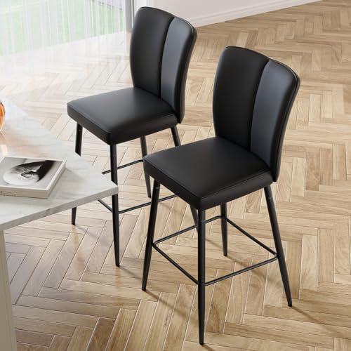 Image of Counter Height Bar Stools Set of 2,27''Kitchen Island Stools with Back,Black Barstools with Sturdy Metal Legs,Modern Bar Stools Ideal for Kitchen Island Pub Cafe(Faux Leather-Black)