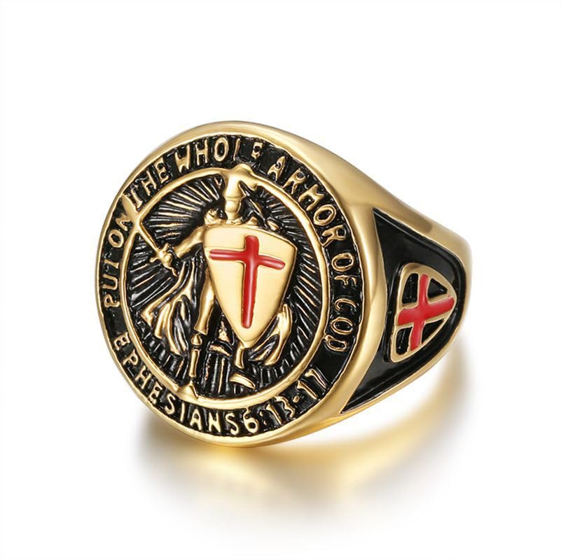 Hiphop Men's Gilded Vintage Templar Knight Red Cross Shield Stainless Steel Rings Size 7-13