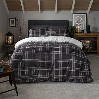 Sleepdown Check Printed Flannel Fleece With Sherpa Reverse Thermal Warm Cosy Super Soft Duvet Cover Quilt Bedding Set with Pillow Case - Single (135cm x 200cm) - Grey