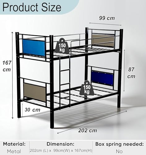 Image of Spacecrafts Adult Bunker Cot | Metal Bunk Bed Frame with Ladder | Mild Steel | Sturdy Guardrails | Space-Saving Design | Frame only | Mattress Not Included (Size: L:202, W:99, H:167 CM)