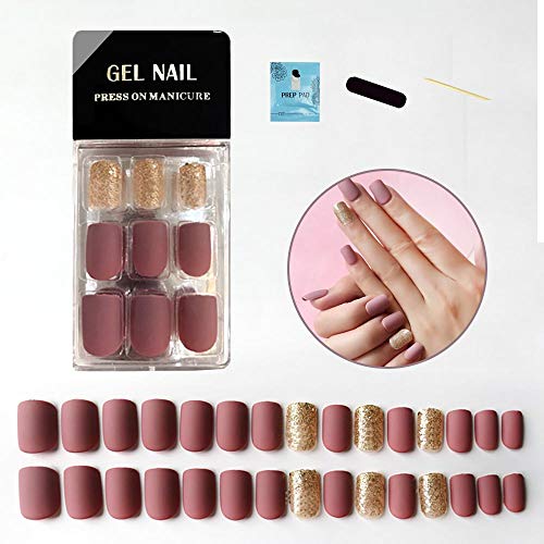 False Nails Press-on Kit 30pcs - Diynail Full Cover Pre-glued Matte Cameo Color, Plus 6 Glitter Accents Soft Fake Nails for Women (Matte Cameo Glitter)