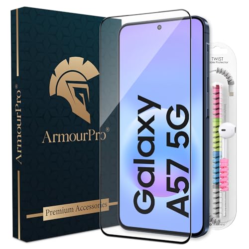 Image of ArmourPro Military-Grade Tempered Glass for Samsung Galaxy A37, Samsung A57-9H Anti Scratch, Edge-to-Edge Coverage, HD Clarity, Smooth Touch, Case Friendly, Easy Installation Kit with Cable Protector
