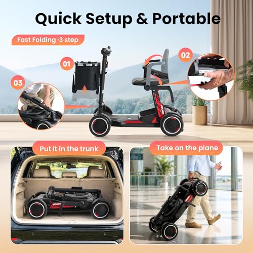 Image of Lightweight Mobility Scooter, Comfortable Foldable Motorized Scooter, 20Miles Long Range, Removable Battery, 270lbs Capacity, Only 45lb Weight, with LED Headlights and Basket, Width Adjustable