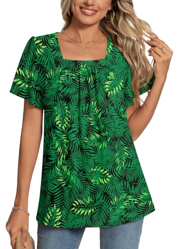 POPYOUNG Womens Blouses Square Neck Ladies Tops Petal Short Sleeve Shirt M, Green Leaves