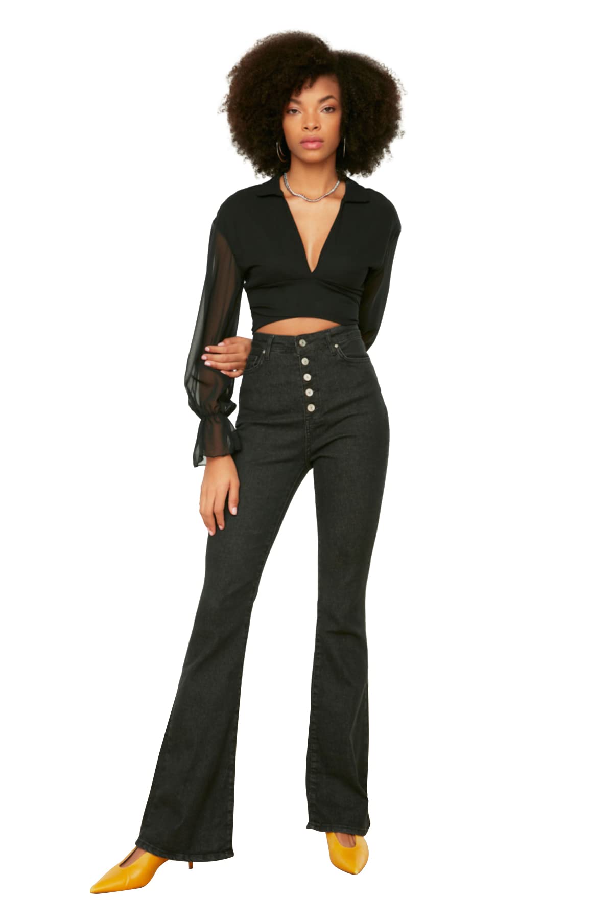 Trendyol Damen Schwarz R Frontknopf Mit Hoher Taille Flare-Jeans Jeans Palazzo, 44