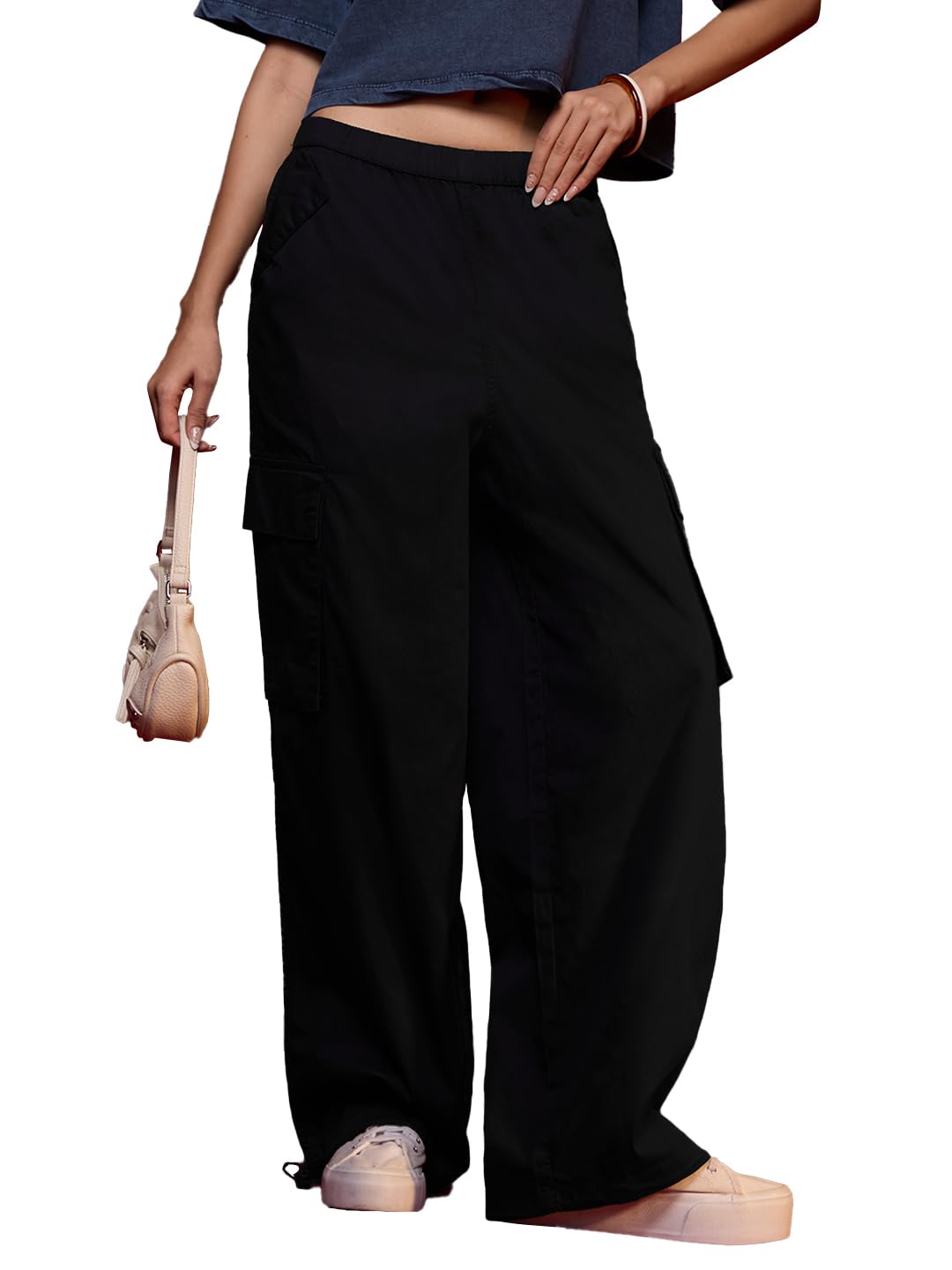 the souled store Parachute Pants: Phantom Women and Girls Pull On Black Solid Cotton Baggy Fit Cargo Pants-picture-29
