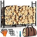 Tetutor Firewood Rack Outdoor with Log Carrier, 4ft Fire Wood Racks Outdoor,Fire Wood Storage with Kindling Hooks, Heavy Duty Metal Logs Holder for Fireplace Deck Outdoor indoor