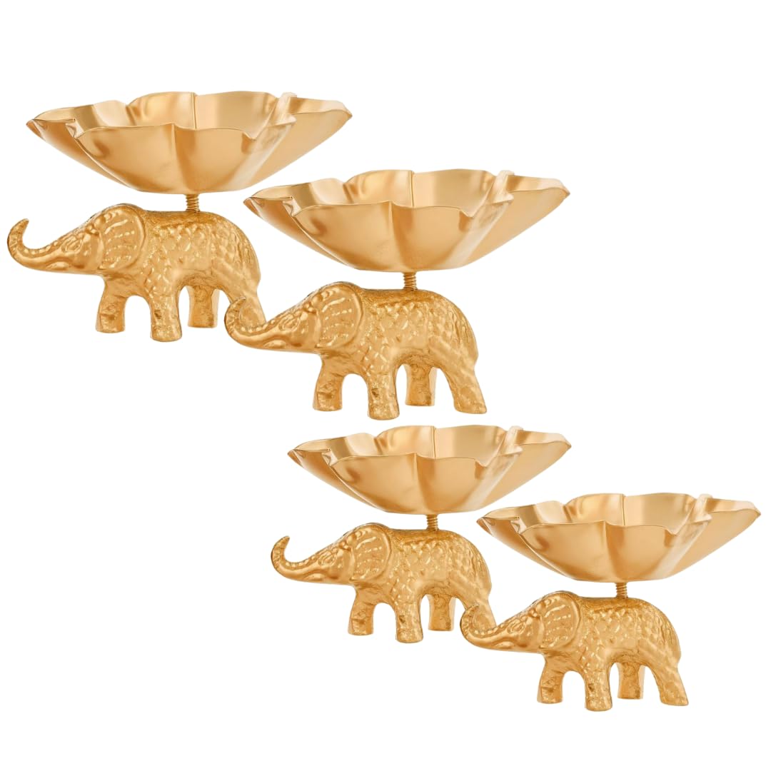 Pleasing Forest Gold Elephant Tealight Candle Holders, Set of 2, Decorative Metal Lotus Bowl, Home Decor (2 PCS)