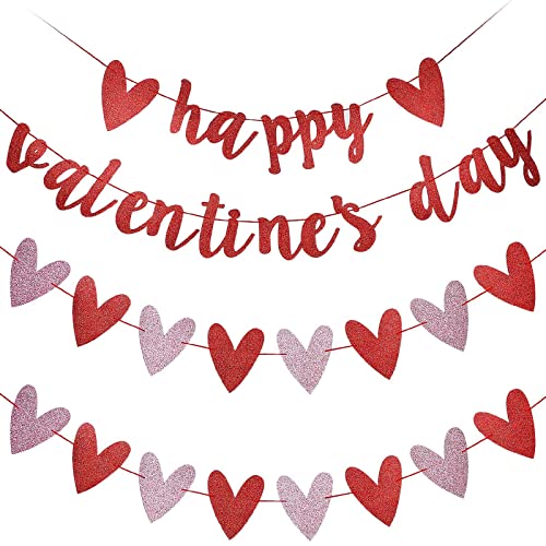Image of FestikoHappy Valentine's Day Heart Banner, Glittery Heart Garland Banner for Valentines Day Decorations Party Supplies - Red & Pink