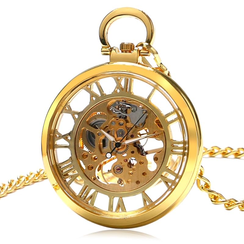Transparente offenes Zifferblatt, hohles Skelett, mechanische Taschenuhr, Handaufzug, Vintage-Uhr, Geburtstagsgeschenk, mit Taschenkette(Gold Roman Numbers)