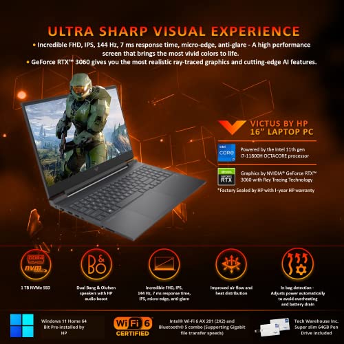 Image of HP Victus 16 Laptop Mica Silver Intel Core i7- 11800H, 16 GB RAM, 1 TB SSD, 16.1 inch 144Hz 300 Nits FHD, 6GB Nvidia GeForce RTX 3060, Windows 11 Home Adv, Wi-Fi 6, 4 Cell, B&O Audio, 64 GB TW Pen Drive