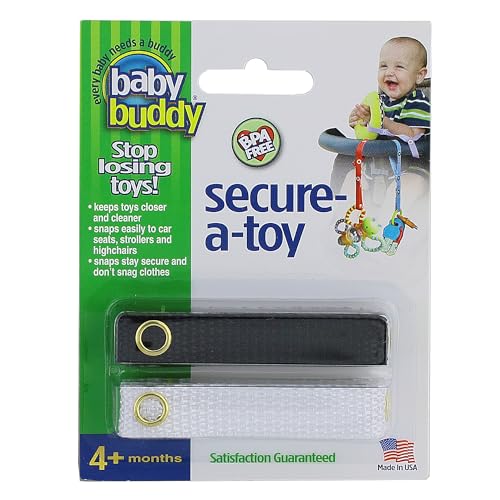 Image of Baby Buddy Secure-a-Toy, Adjustable Pacifier and Teether Strap for Stroller, Highchair, and Car Seat, Black White, 2 pack