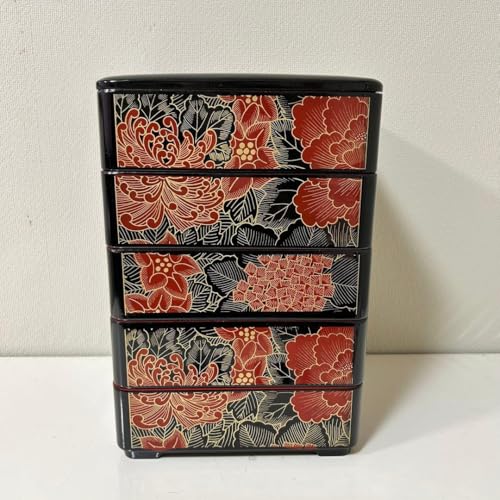 a917 縁高重 春慶塗 5段 蓋付（5枚）古物 菓子器 弁当箱 お重 5.5寸三