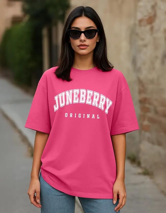 Image of JUNEBERRY Pure Cotton Oversized Drop Shoulder Brand Logo Typography Print Round-Neck Baggy Fit T-Shirt for Women (Available in Navy, Green & Pink Colors)