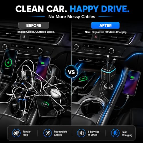 Image of 120W 5-in-1 Car Charger Adapter | 2 Retractable Cables (Type-C & Lightning) + 3 Ports (USB A + 2 Type C) | LED Display | Charging for iPhone, Android, Laptops & All Devices