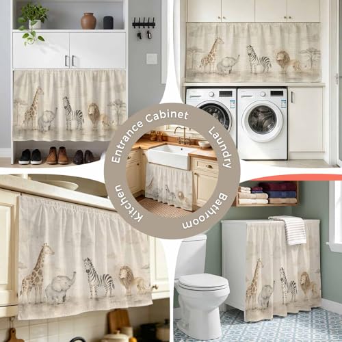 Anzona Beige Animals Cabinet Curtains 28" W x 51" L, Farmhouse Elephant Zebra Lion Giraffe Sink Skirt for Bathroom Kitchen Self Adhesive, Desk Privacy Short Curtain for Sink Under Counter Classroom - Image 9