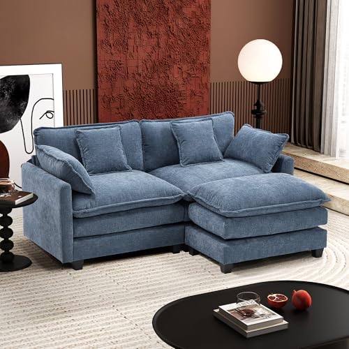 Image of Ihanherry 77 inch L Shaped Modern Sofa Modular Sectional Cloud Couch with Ottoman, 3-Seat Chenille Deep Seat Sofa with Pillow for Living Room, Bedroom and Apartment, Blue