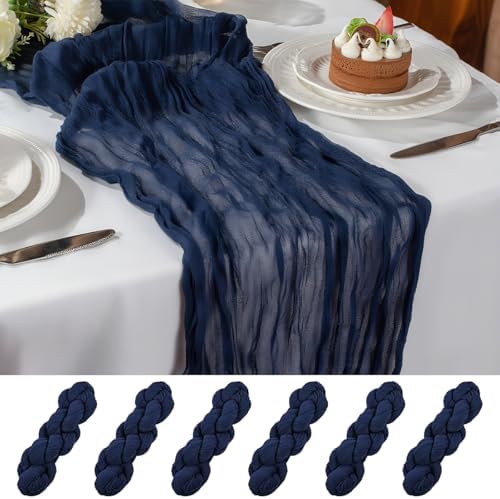10FT 6 Pack Navy Blue Cheesecloth Table Runner Romantic Boho Rustic Sheer Gauze Cheese Cloth Table Runners 120x22 inchs Decor for Wedding Bridal Baby Shower Party Birthday Home Decorations